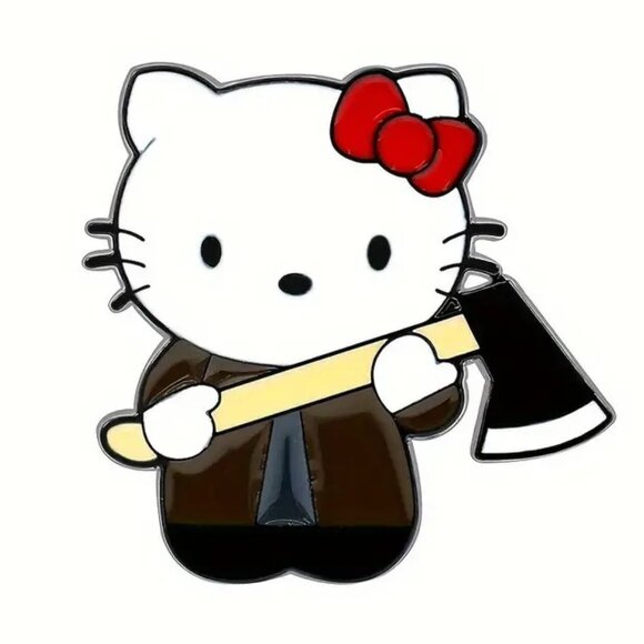 Hello Kitty Enamel Axe Pin Brooch Sanrio Goth Emo Scene Horror Friday13th Psycho - Picture 1 of 2
